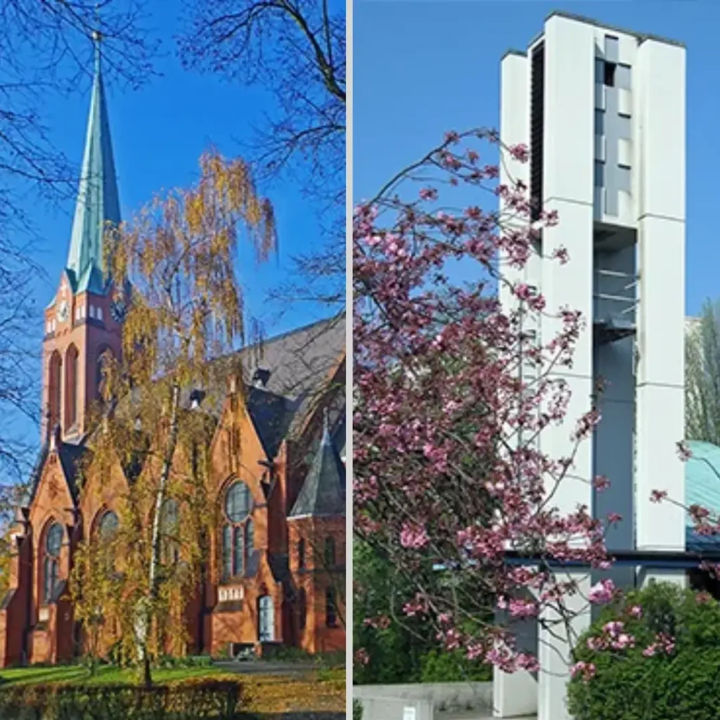 Das Bild zeigt in einer Collage die beiden Kirchengebäude der Gemeinde.